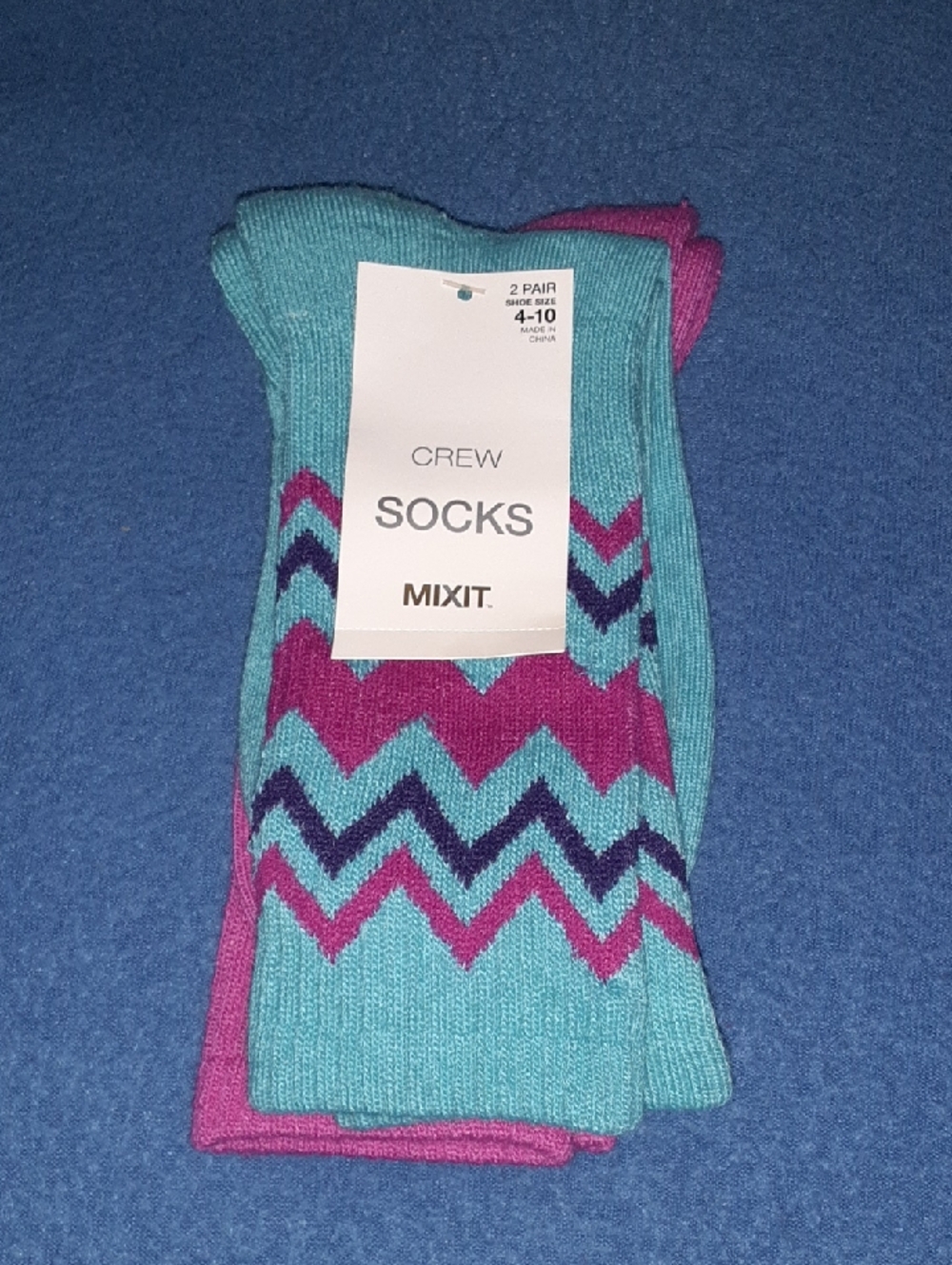 Mixit Crew Socks - Teal with Magenta & Navy Chevron
